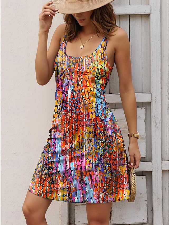  Damen Tank-Top Kleid Farbverlauf Bedruckt U-Ausschnitt Minikleid Ärmellos Sommer
