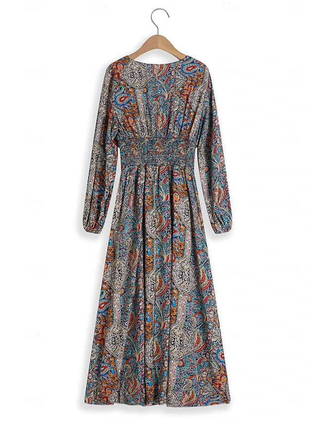 Women's Paisley Dress Swing Dress Floral Paisley Print Split V Neck ...