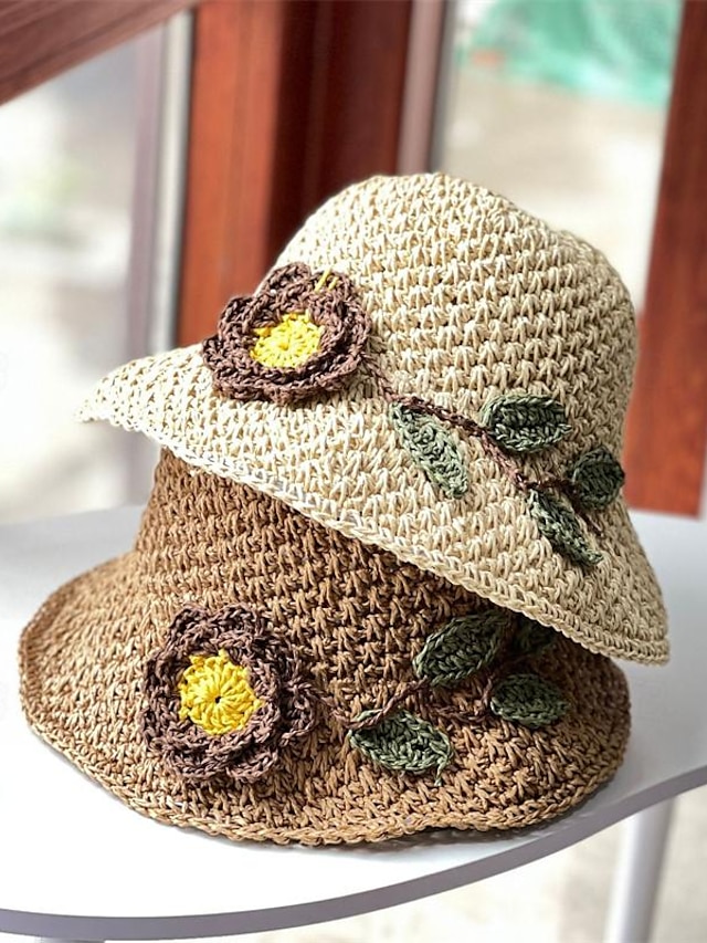  Chapeau de paille tressé à fleurs, 1 pièce, chapeau de bassin créatif fait à la main, ajouré, chapeaux de soleil respirants, adaptés aux vacances en bord de mer