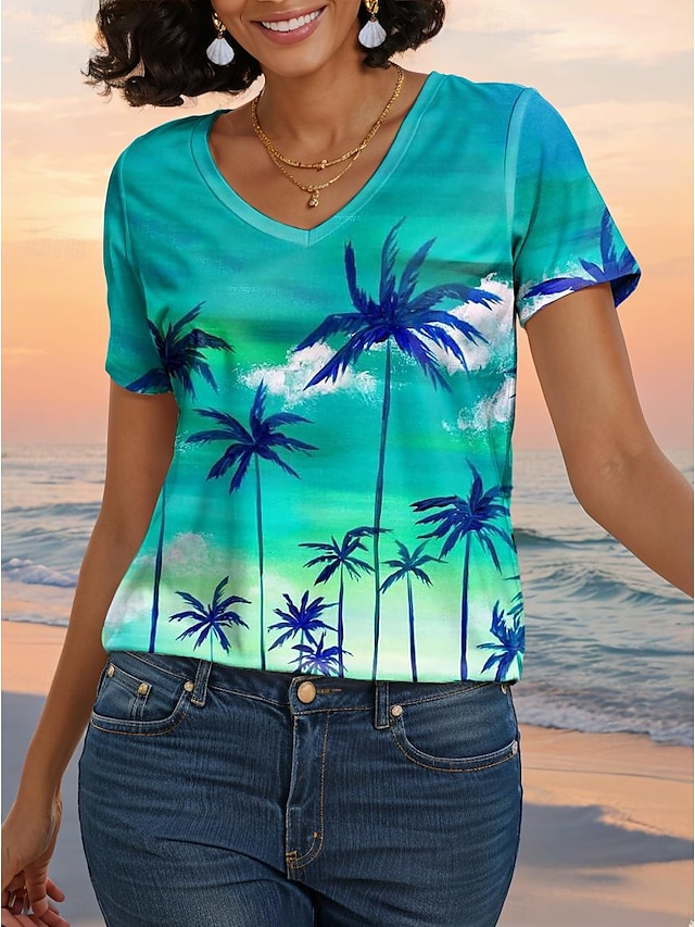  Pentru femei Tricou Plante Vacanță Imprimeu Trifoi Manșon scurt Hawaiană În V Vară