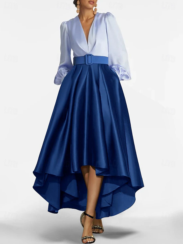 A-Line Evening Gown High Split Dress Formal Wedding Guest Asymmetrical Long Sleeve V Neck Belt / Sash Satin with Pleats Slit 5