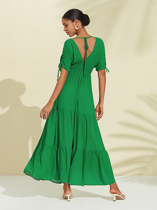  נשים שיפון ירוק כותנה V צווארון קשירה לאחור שמלת מקסי חלוק