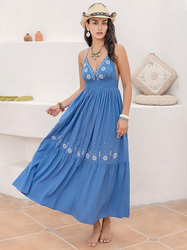  Women's Denim Dress Maxi Dress Chiffon Ruched Party Elegant Bohemia Halter Neck Sleeveless Blue Color