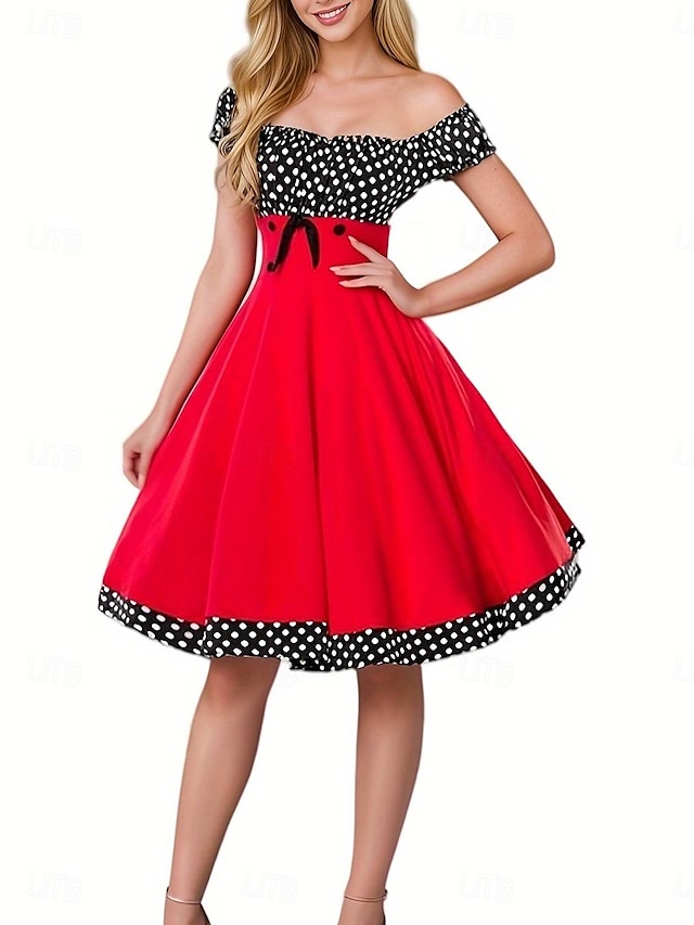  نسائي طباعة فستان قديم فستان ميدي منقط دون الكتف بدون كم مناسب للحفلات مواعدة أسود أحمر