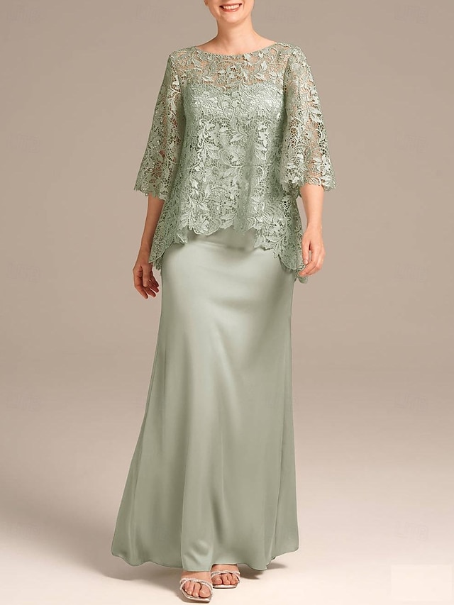  vestido de madre de la novia columna elegante vestido de invitada de boda cuello joya hasta el suelo encaje satinado media manga con bordado 2024
