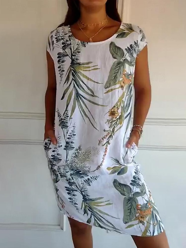 Women's Floral Print Crew Neck Mini Dress Short Sleeve Summer