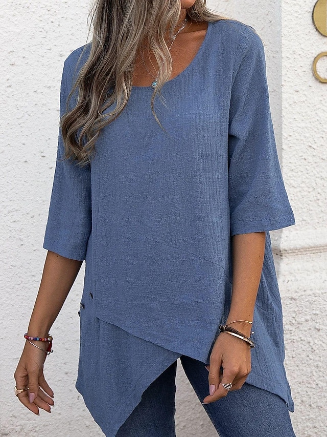  Shirt Blouse Women's Blue Green Gray Plain Asymetric Hem Street Daily Fashion Round Neck Regular Fit S
