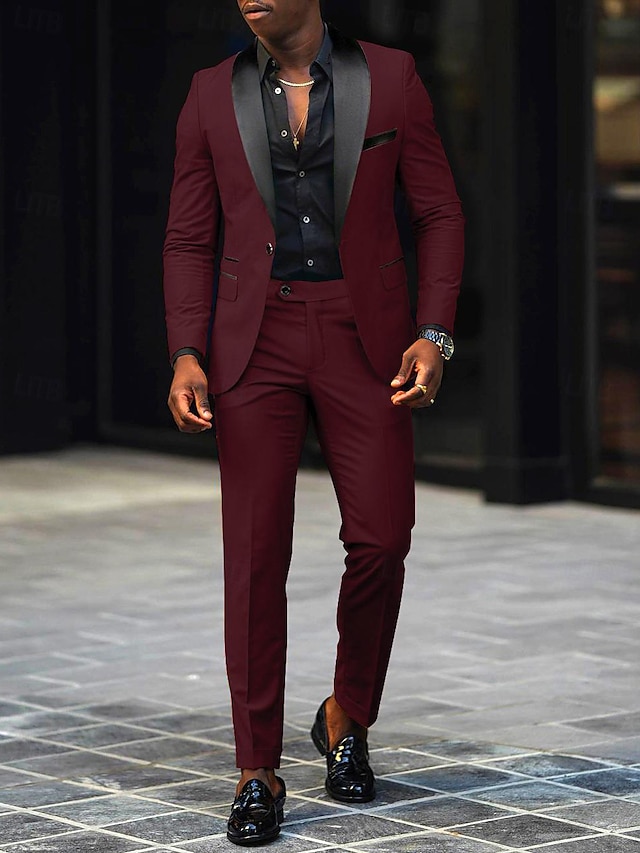 Men's Pink & Black Single Breasted One-button Shawl Lapel Wedding Prom Party Suits