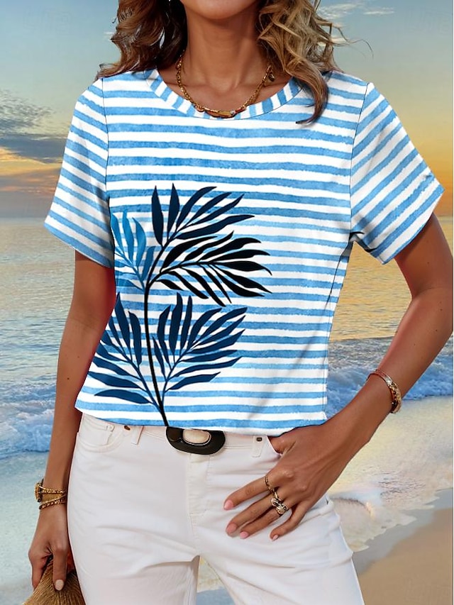  Women's T shirt Tee Striped Plants Print Weekend Hawaiian Short Sleeve Crew Neck Blue Summer