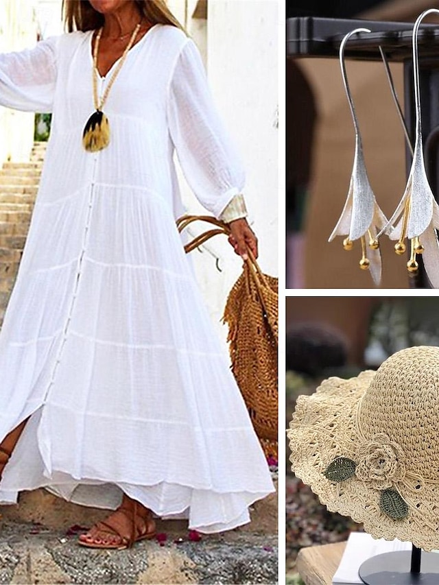 γυναικείο λευκό φόρεμα με λουλούδι ψάθινο καπέλο βελονάκι φλοράλ σκουλαρίκια 4 τμχ πουκάμισο φόρεμα casual φόρεμα μάξι μακρύ φόρεμα βολάν κουμπί βασικό καθημερινό v λαιμόκοψη 3/4 μακρυμάνικο μανίκι καλοκαίρι άνοιξη διακοπές φόρεμα παραλίας