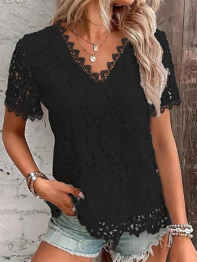  Camicia Blusa Top eleganti Per donna Nero Bianco Rosa Liscio Pizzo Strada Giornaliero Di tendenza Rotonda Standard S