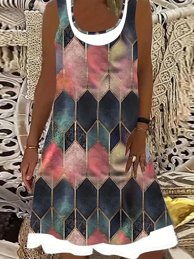  Жен. Большие размеры Изгиб Платье-майка Контрастных цветов Платье средней длины Без рукавов U-образный вырез Мода Отпуск Несколько цветов Пурпурный Лето XL 2XL 3XL 4XL 5XL