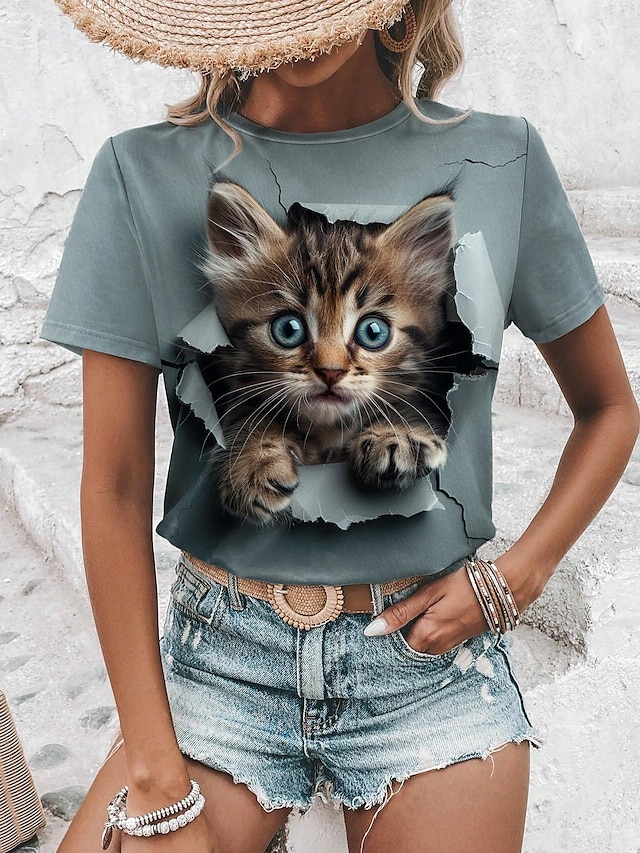  Γυναικεία Μπλουζάκι Ζώο Καθημερινά Σαββατοκύριακο Στάμπα Θαλασσί Κοντομάνικο Μοντέρνα Στρογγυλή Λαιμόκοψη 3D cat Καλοκαίρι