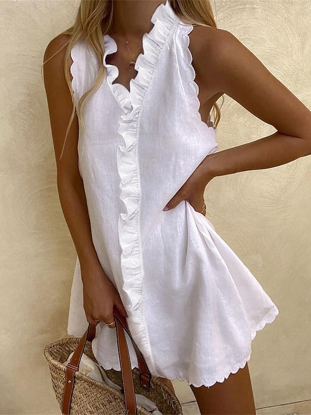  Damen Weißes Kleid Leinenkleid Sommerkleid Minikleid Baumwolle Rüsche Brautkleider schlicht Täglich Urlaub V Ausschnitt Ärmellos Sommer Frühling Weiß Glatt