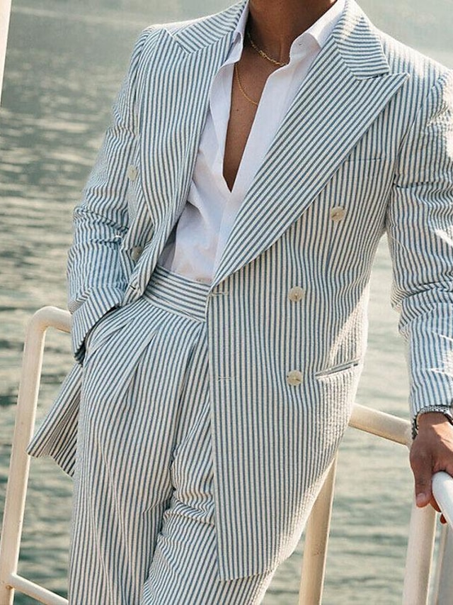  Light Green Men's Seersucker Summer Suits Beach Wedding Suits 2 Piece Pinstripe Suit Standard Fit Single Breasted Two-buttons 2024