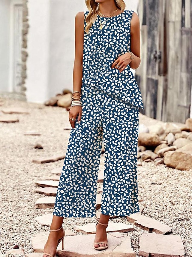  Women's Tank Top Pants Sets Floral Vacation Elegant Vacation Sleeveless Crew Neck Blue Summer