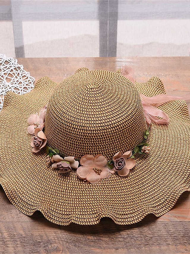  Women's Hat Sun Hat Portable Sun Protection Outdoor Holiday Beach Flower Pure Color