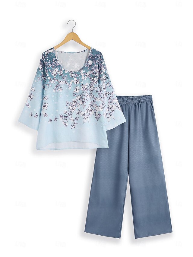 Stylish Long Sleeve Shirt And Wide Leg Pants Floral Print Set