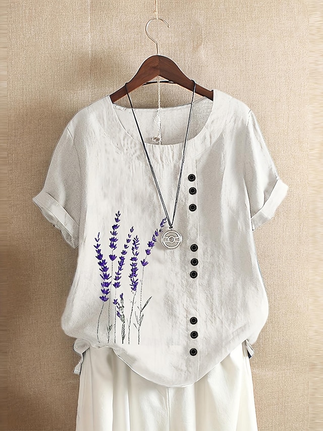  Per donna Plus Size maglietta Fiore decorativo Bianco Manica corta Informale Girocollo Per tutte le stagioni