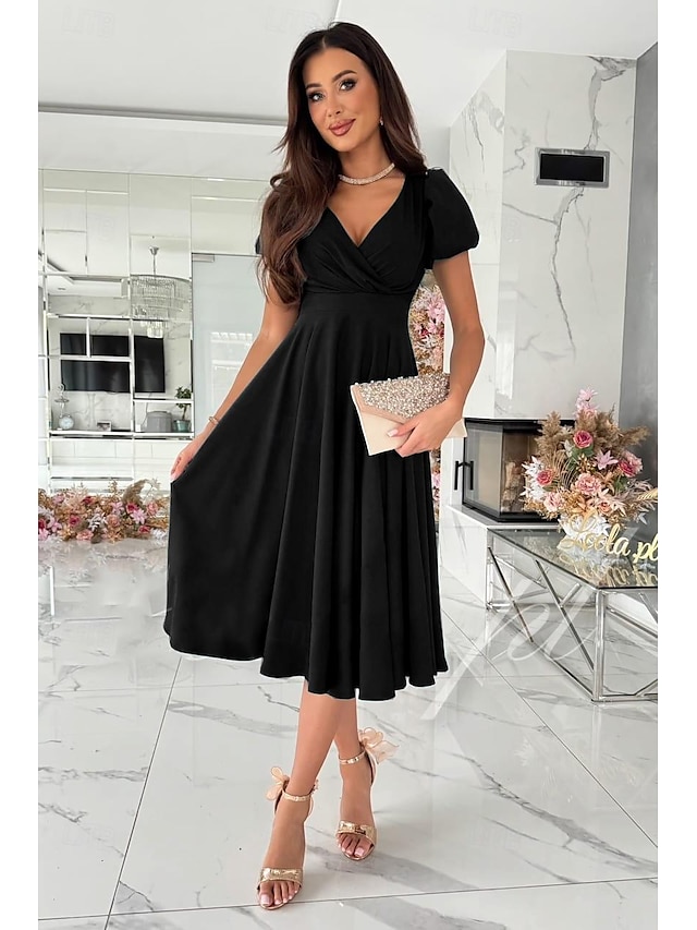  Mulheres Vestido preto Vestido midi Bainha com babados Festa Elegante Decote V Manga Curta Manga Princesa Preto Rosa Vermelho Cor