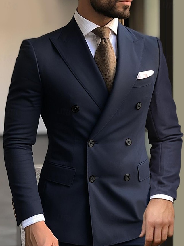  أزرق بحري داكن أخضر ملك الرجال زفاف بدلة لون سادة 2 قطعة مجموعة الأعمال التجارية ملابس عمل قالب مثالي صدر ثنائي ست أزرار 2024