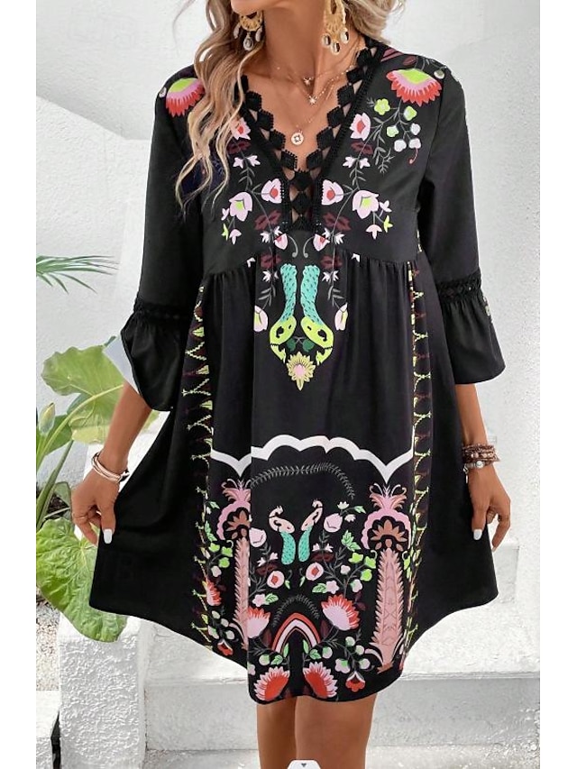  Dámské Midi šaty Šifonové šaty Boho Chic šaty Boho šaty Elegantní šaty Elegantní Čechy Vinobraní Dovolená Denní Rande Štíhlý Květinový Krátký rukáv Do V Černá Světlá růžová Rubínově červená Béžová