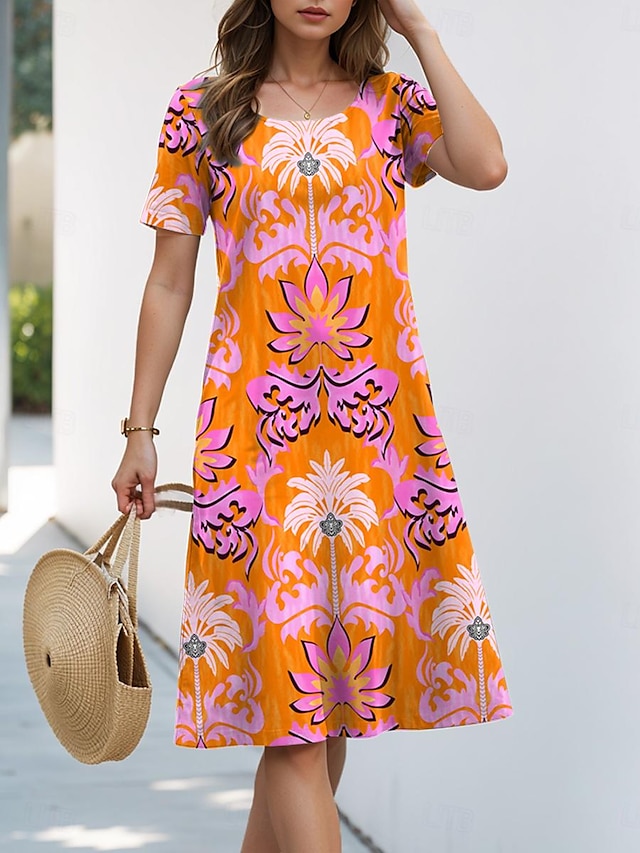 Γυναικεία Στάμπα Στρογγυλή Ψηλή Λαιμόκοψη Μίντι φόρεμα Κοντομάνικο Καλοκαίρι