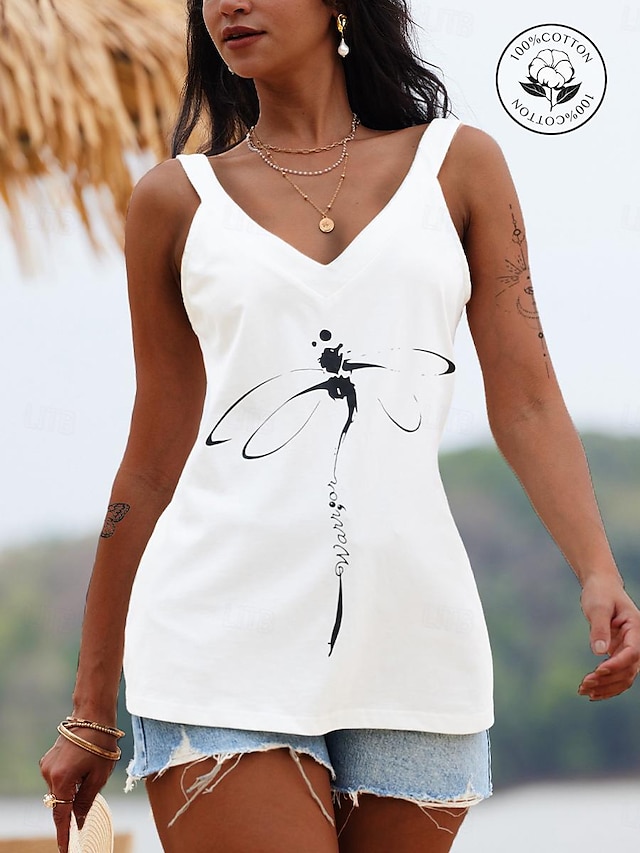  Women's Summer Tops 100% Cotton Dragonfly Daily Weekend White Sleeveless Classic V Neck Spring & Summer