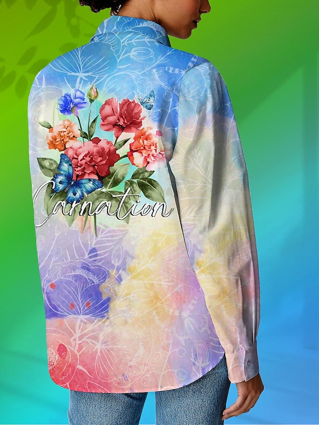  Women's Shirt 100% Cotton Floral Letter Daily Stylish Long Sleeve Shirt Collar Rainbow Summer
