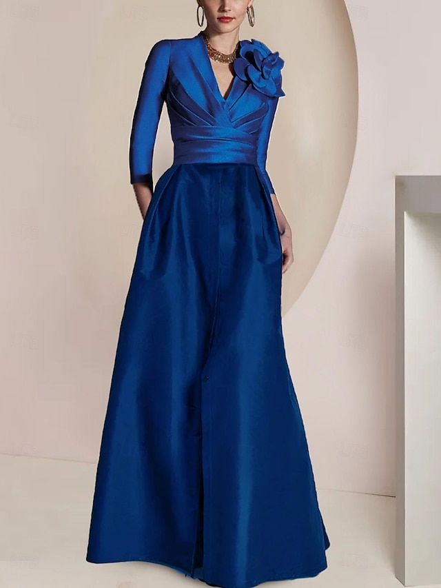  A-Line  Column Mother of the Bride Dress  Wedding Guest Elegant Vintage Party Jewel Neck V Neck Floor Length Chiffon 3/4 Length Sleeve Half Sleeve with Ruched Draping Split Front 2024