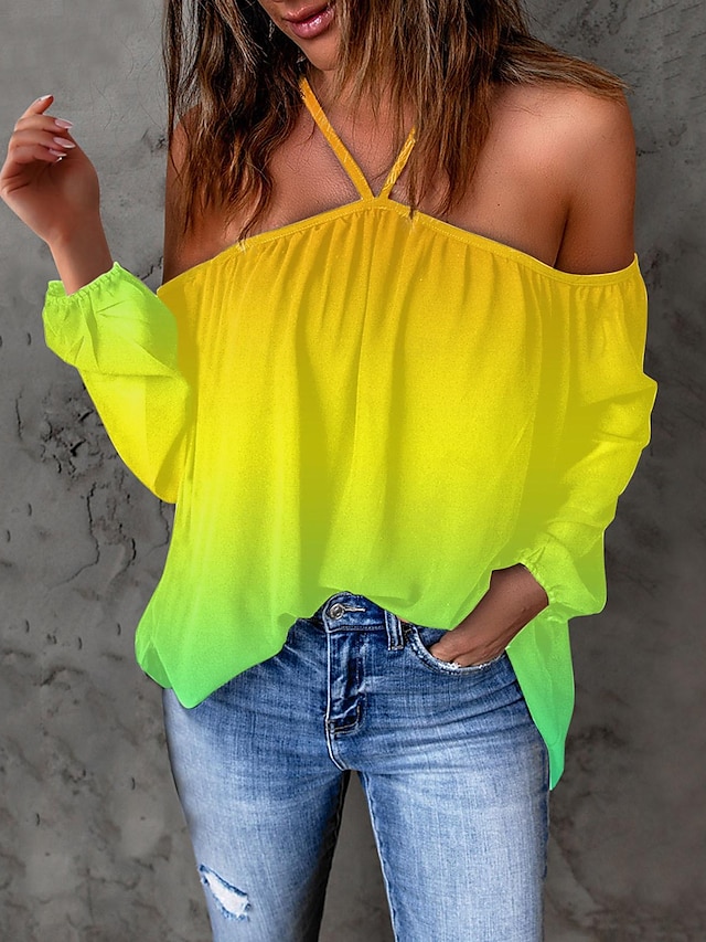  Women's Shirt Blouse Color Gradient Vacation Going out Print Yellow Long Sleeve Casual Halter Neck Cold Shoulder Summer