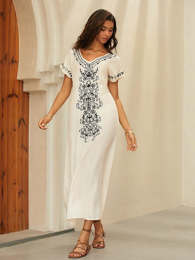  Damen Bestickt Vintage-Kleid kleid lang Blumen V Ausschnitt Kurzarm Sommer Frühling Weiß