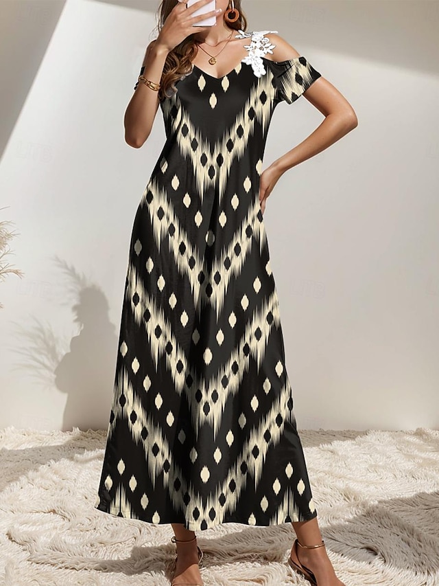  Women's Casual Dress Graphic Split Off Shoulder Maxi Dress