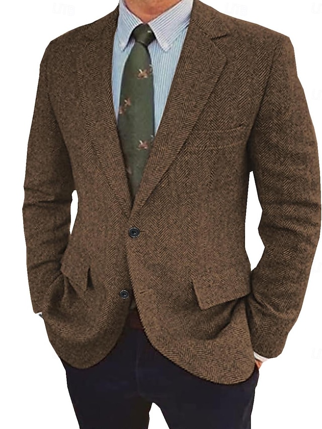  Men's Tweed Herringbone Blazer Retro Vintage Jacket Winter Regular Plus Size Single-Breasted Two-buttons Brown Black Blue 2024