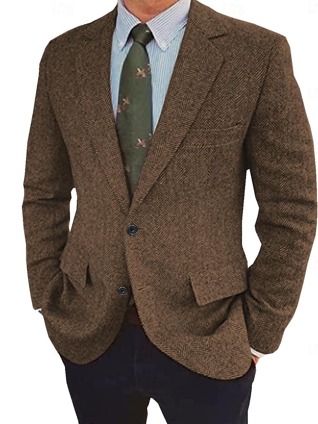  Herren Tweed Fischgrät Blazer Retro Vintage Jacke Winter Regular Übergröße Einreihig Zwei Knöpfe Braun Schwarz Blau