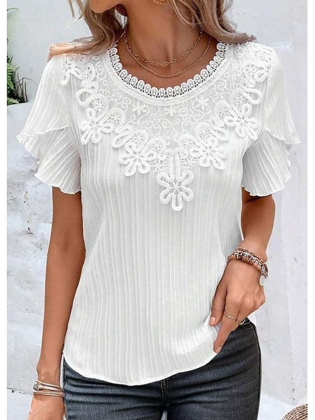  Γυναικεία Δαντελένιο πουκάμισο Δαντέλα Κοντομάνικο Στρογγυλή Ψηλή Λαιμόκοψη Λευκό Καλοκαίρι