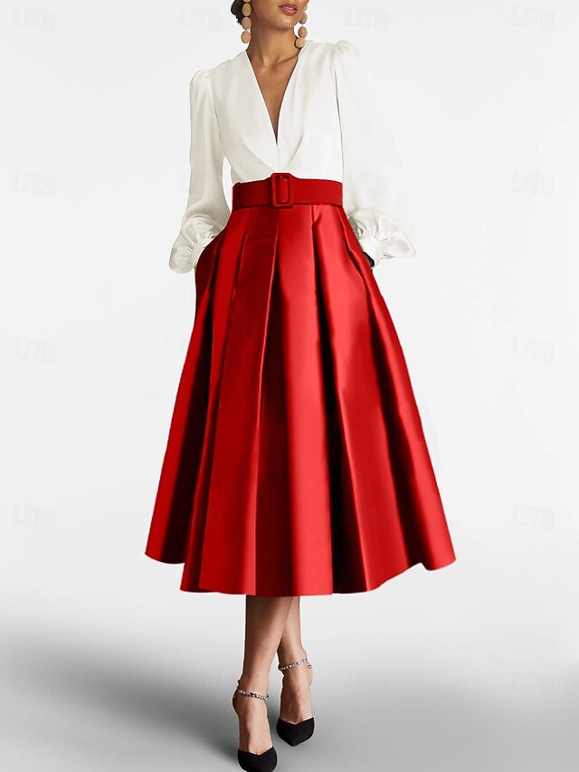 Satin A-Line/Princess V-Neck Tea-Length Cocktail Dresses with Ruched Waist main image 1