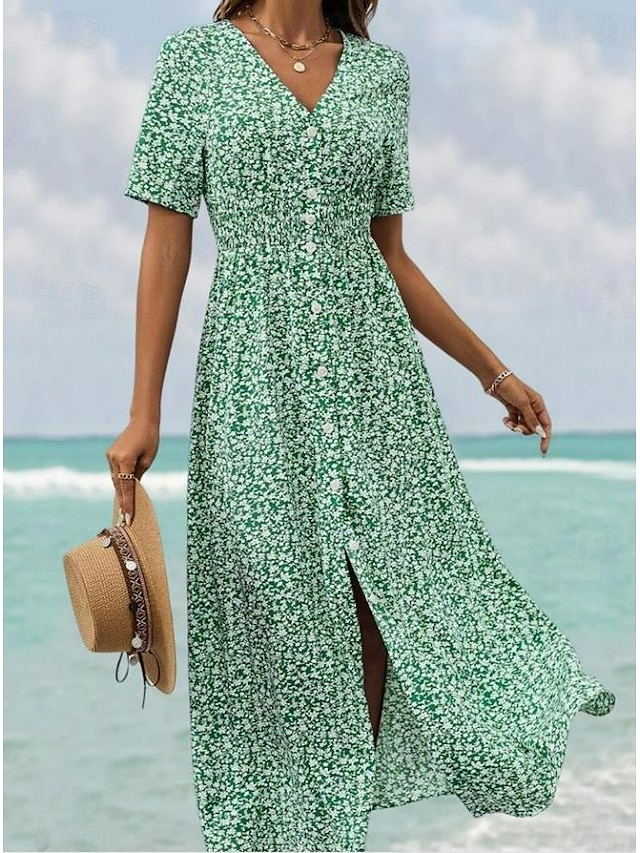  Women's Floral Maxi Dress Green Chiffon A Line Dress Tiered V Neck Hawaiian BeachVacation Short Sleeve Button Summer