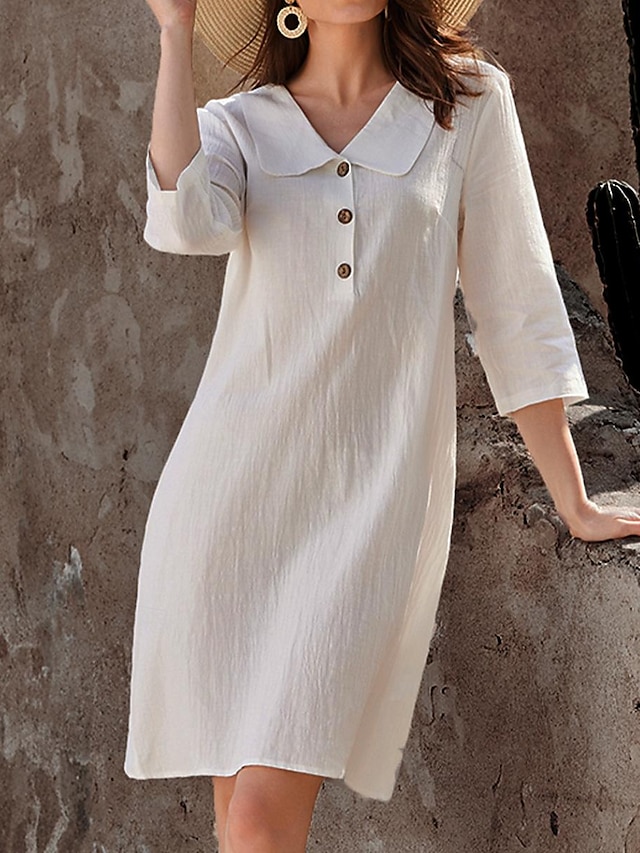  Mulheres Vestido casual Vestido de linho de algodão Minivestido Básico Básico Casual Diário Férias Colarinho de Camisa Manga 3/4 Verão Primavera Branco Tecido