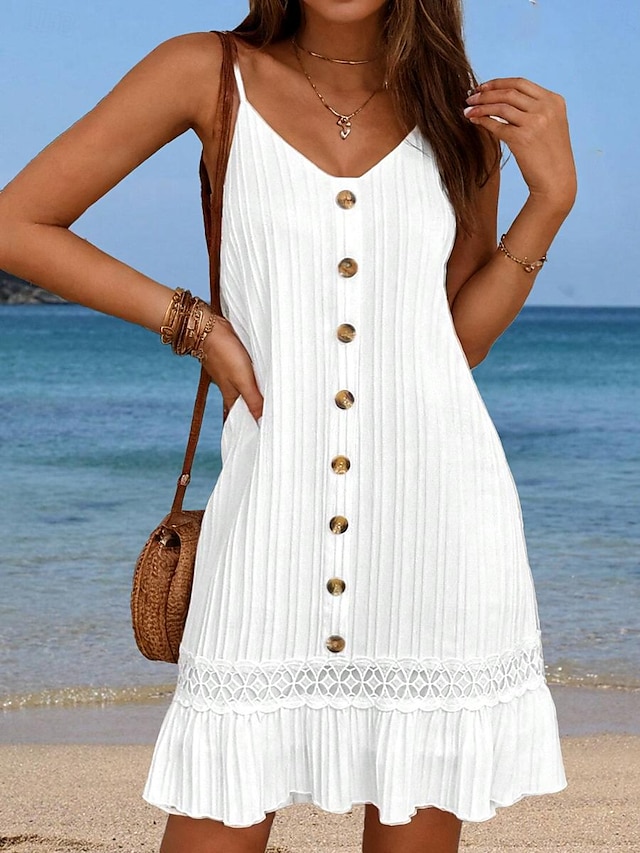  Γυναικεία Λευκό φόρεμα Σλιπ Φόρεμα Μίνι φόρεμα Δαντέλα Κουμπί Κομψό Βοημία Λαιμόκοψη V 3/4 Μήκος Μανικιού Λευκό Χρώμα