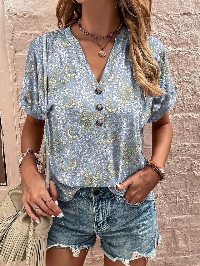 Women's Tunic T Shirt Graphic Vintage Short Sleeve V Neck Regular Tops Daily Print Pink Blue Green Summer 6