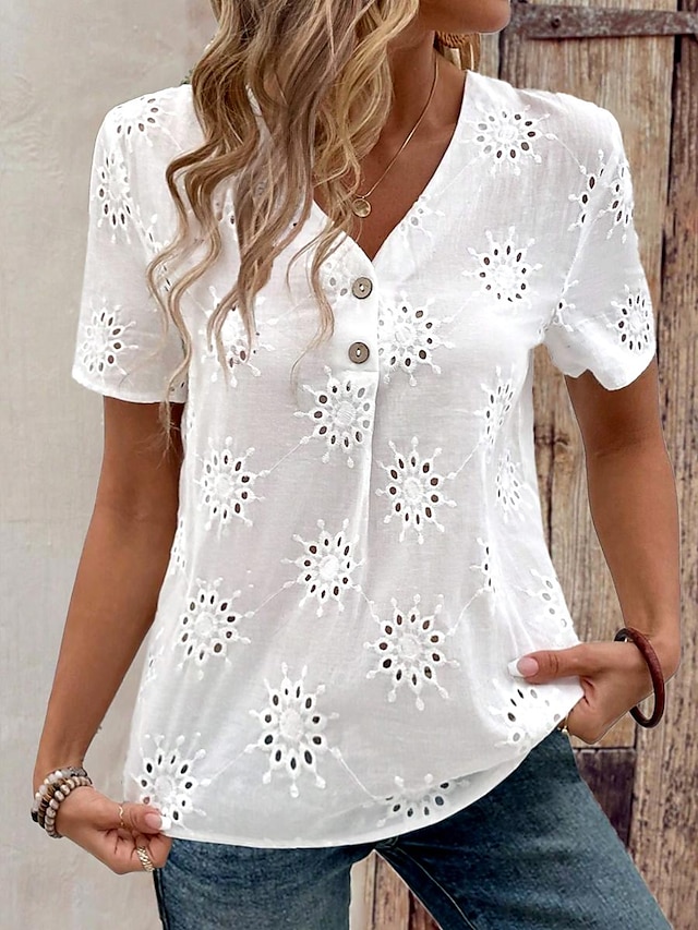  Women's Blouse Daily Vacation Embroidered Button White Short Sleeve Bohemia Daily Casual V Neck Summer