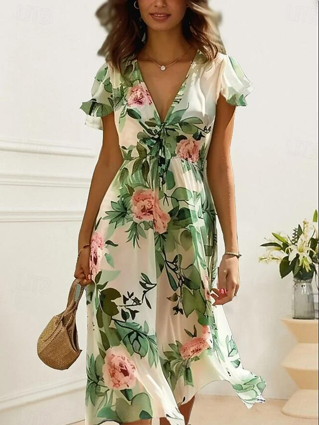 Women's Midi Dress Floral V-Neck A-Line Flutter Sleeve Rose Pattern Lightweight Summer Garden Party Wedding Guest Brunch Flowy Feminine White Pink Green 20