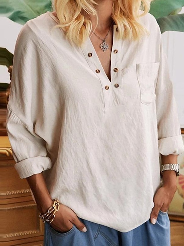  Рубашка Блуза Жен. Бежевый Полотняное плетение Карман Для улицы Повседневные Мода V-образный вырез Стандартный S