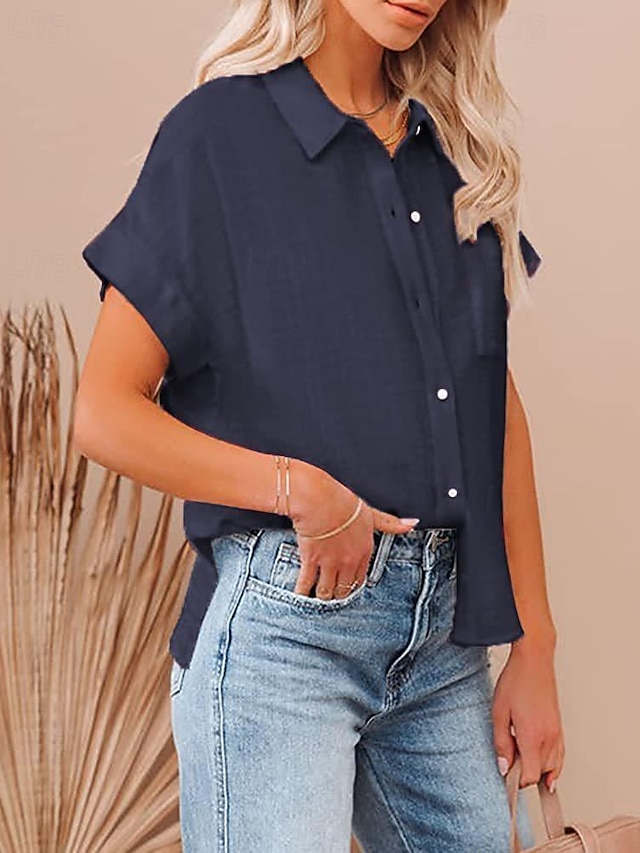  Chemise Chemises en coton et lin Boutonner Chemisier Femmes Noir Blanche Rose Claire Uni Boutons Avec Poches Rue Quotidien Mode Col de chemise Coupe régulière S