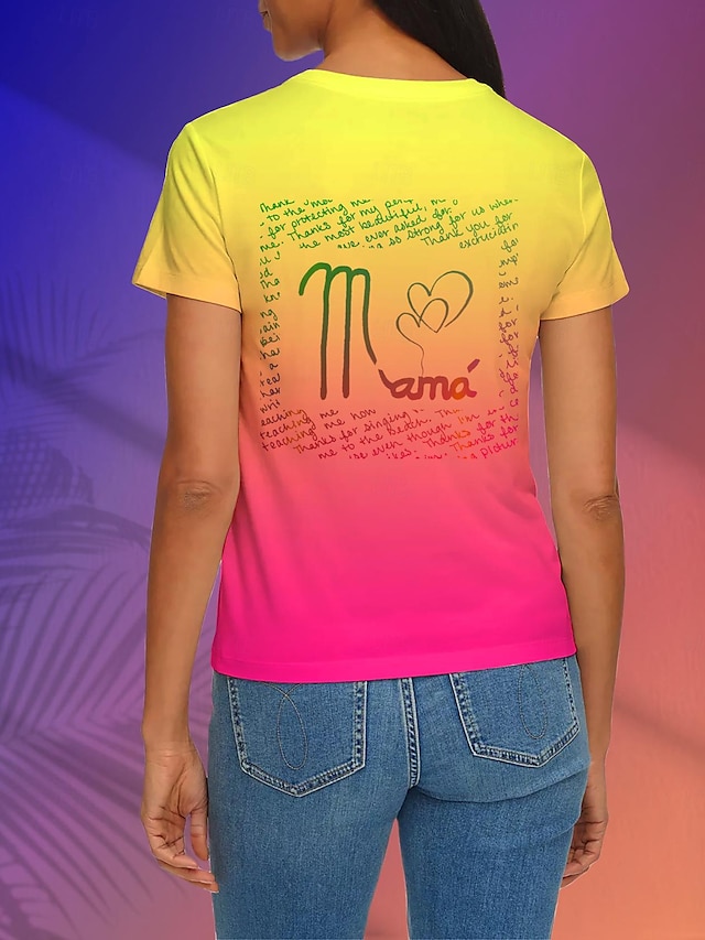  kvinners t-skjorte tee bokstav daglig regnbue gradient kortermet stilig rund hals sommer morsdag