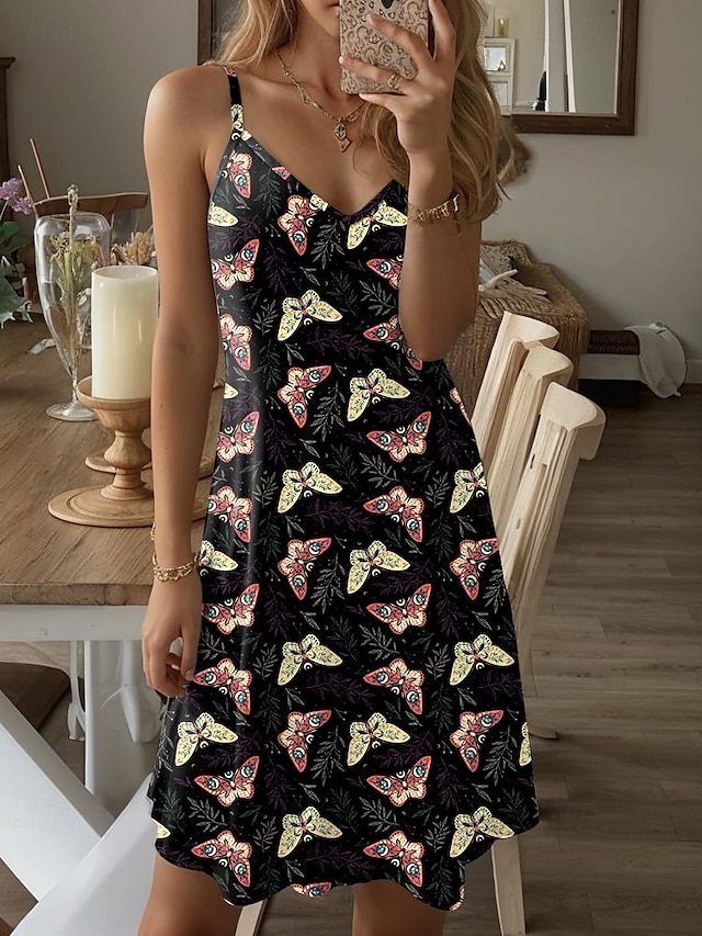  Women's Polyester Butterfly Print V Neck Mini Dress Sleeveless Summer