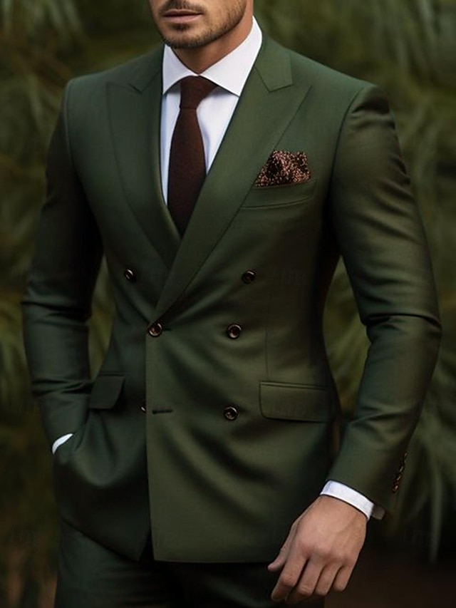  Burgundy Dark Green Green Men's Wedding Suits Solid Colored 2 Piece Business WorkWear Tailored Fit Double Breasted Six-buttons 2024