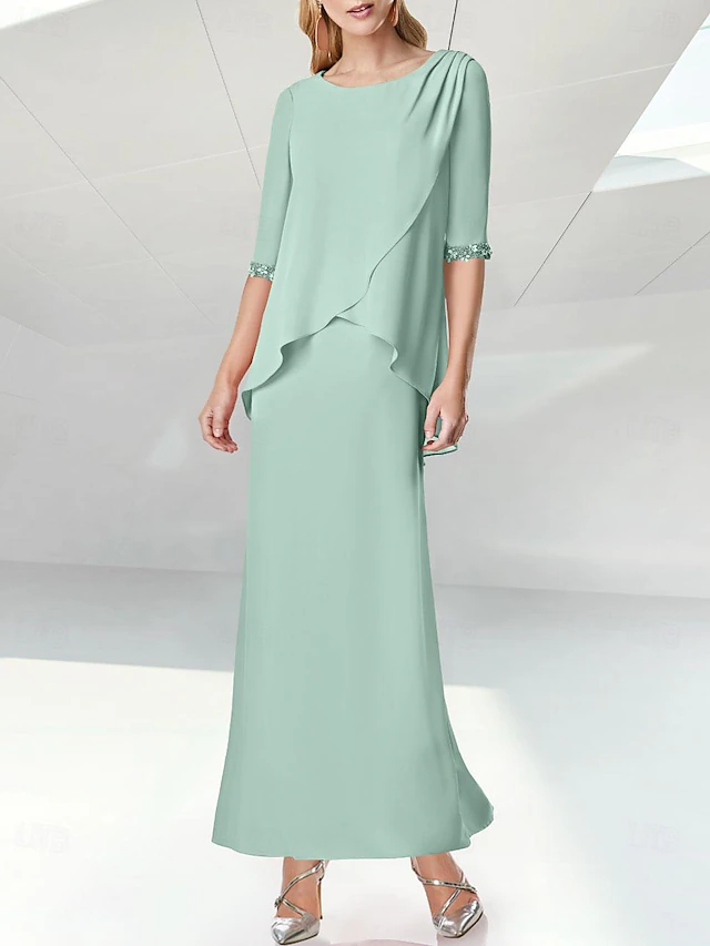Beach Wedding Sheath Mother of the Bride Dress Elegant Jewel Neck Floor Length Chiffon Half Sleeve with Sequin Ruching 7