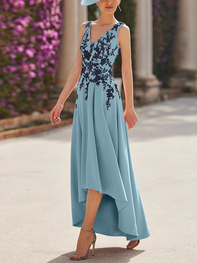  a-line mor til bruden kjole formel bryllup gæst elegant elegant kjole vintage v-hals asymmetrisk satin kortærmet med læg applikationer blomst 2024